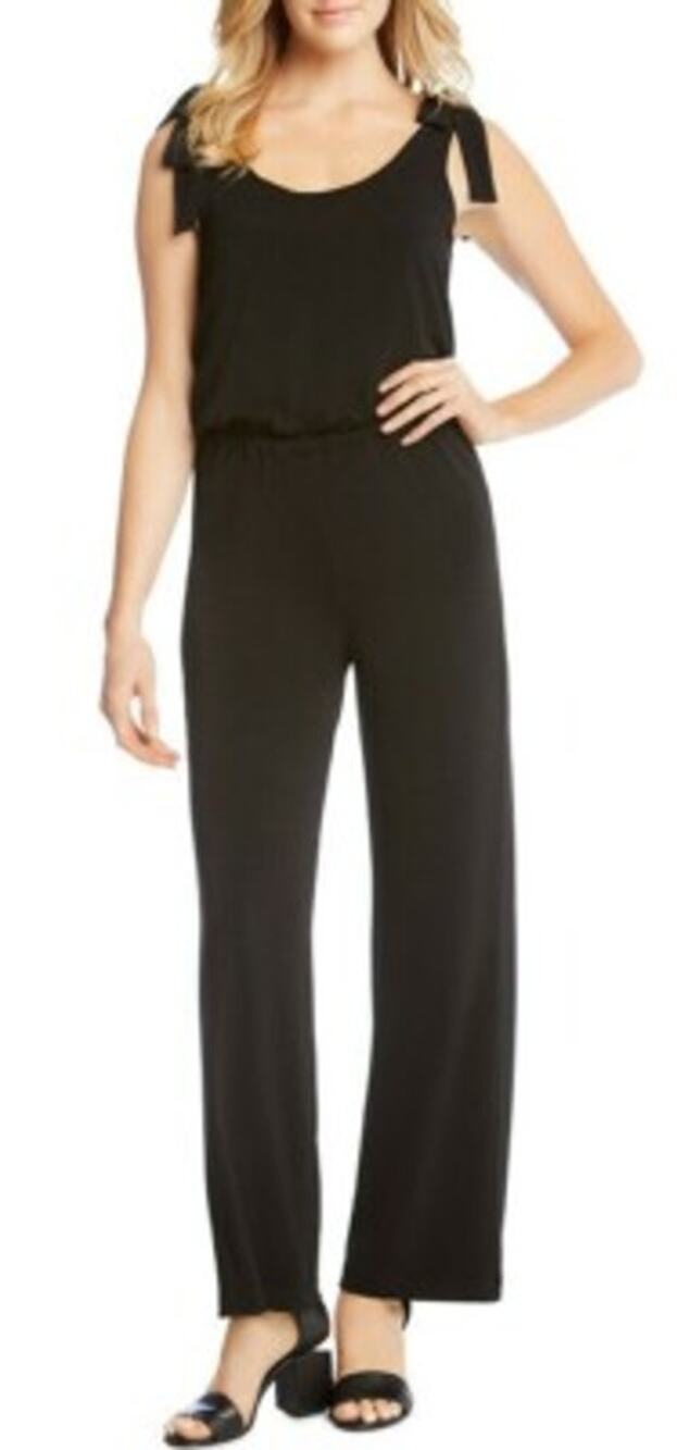 NWT Karen Kane L43554 Black Tie Shoulder Wide Leg Jumpsuit Stretch Crepe Medium